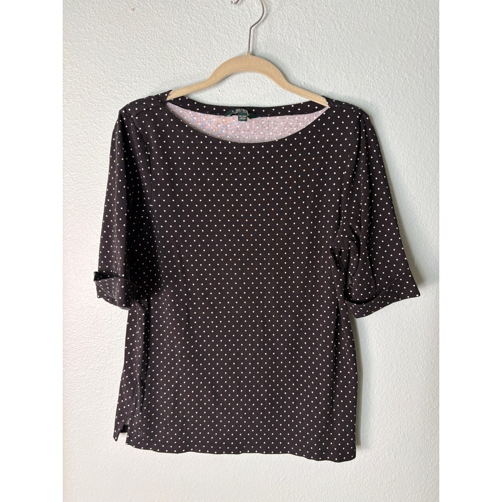Lauren Ralph Lauren Black Polka Dot Cuffed Elbow Sleeve Top XL 200799721002